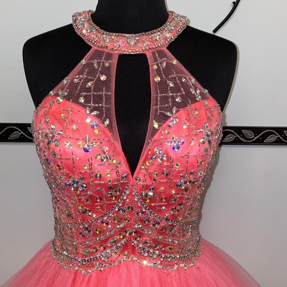 Coral Keyhole Jeweled Short Dress - Picture 2 of 4